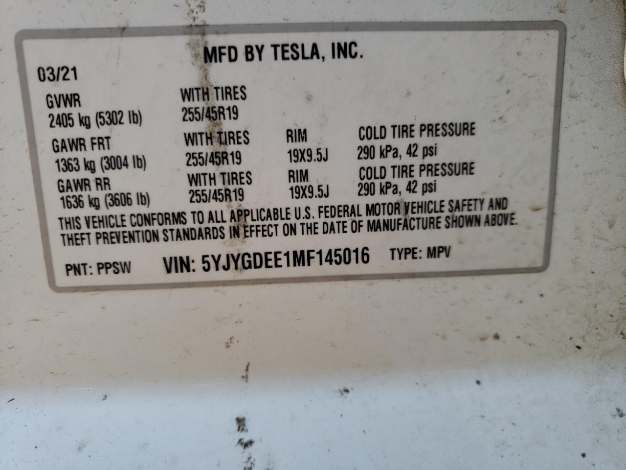 Photo 10 from auction – 2021 TESLA MODEL Y with VIN 5YJYGDEE1MF145016