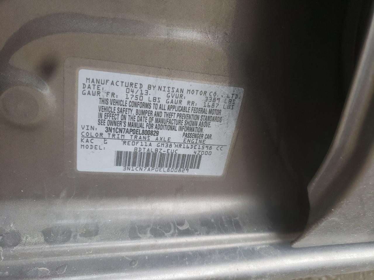Photo 10 from auction – 2014 NISSAN VERSA S with VIN 3N1CN7AP0EL800829