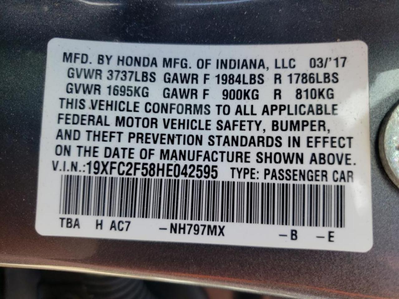 Photo 10 from auction – 2017 HONDA CIVIC LX with VIN 19XFC2F58HE042595