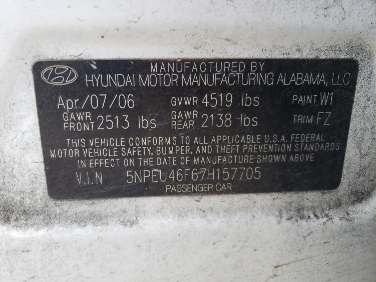 Photo 10 from auction – 2007 HYUNDAI SONATA SE with VIN 5NPEU46F67H157705