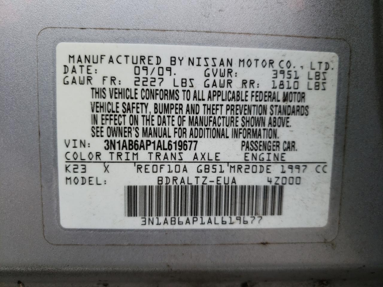 Photo 10 from auction – 2010 NISSAN SENTRA 2.0 with VIN 3N1AB6AP1AL619677