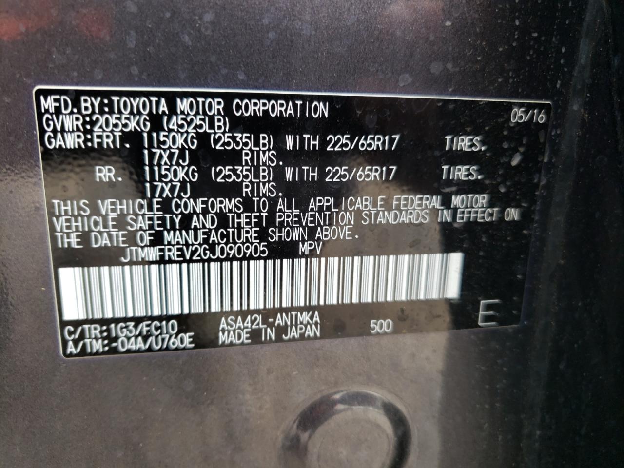 Photo 10 from auction – 2016 TOYOTA RAV4 XLE with VIN JTMWFREV2GJ090905
