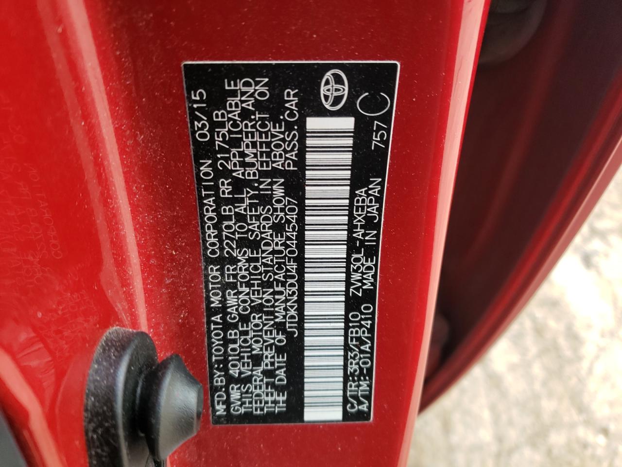 Photo 10 from auction – 2015 TOYOTA PRIUS with VIN JTDKN3DU4F0445407