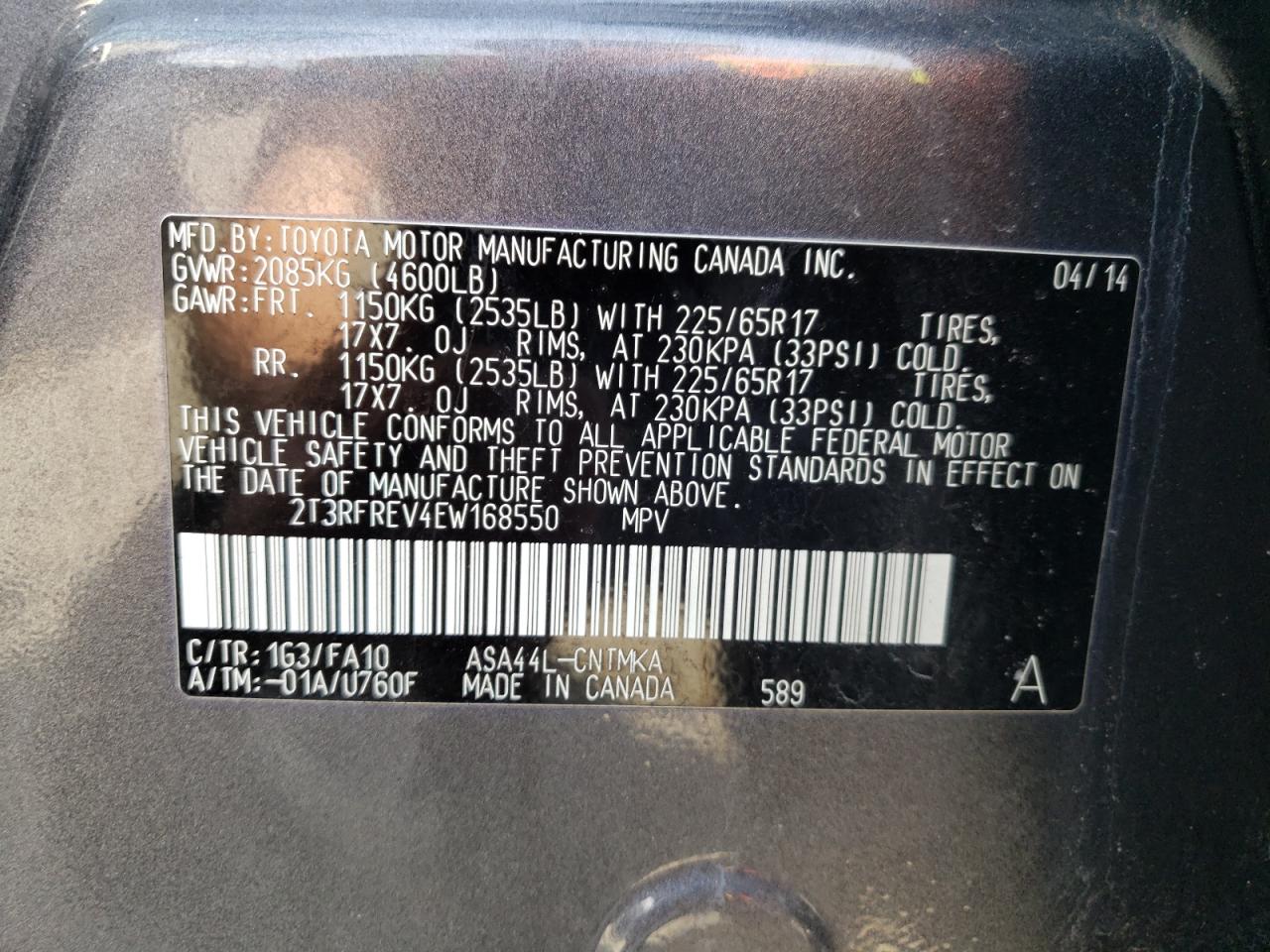 Photo 10 from auction – 2014 TOYOTA RAV4 XLE with VIN 2T3RFREV4EW168550