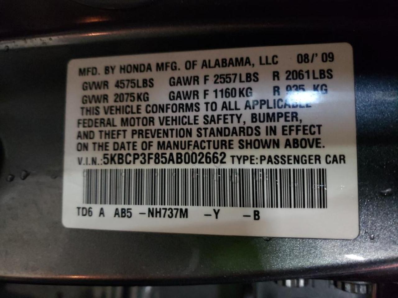 Photo 10 from auction – 2010 HONDA ACCORD EXL with VIN 5KBCP3F85AB002662