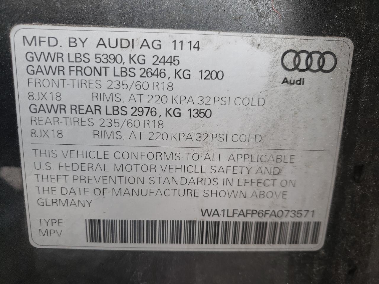 Photo 10 from auction – 2015 AUDI Q5 PREMIUM with VIN WA1LFAFP6FA073571