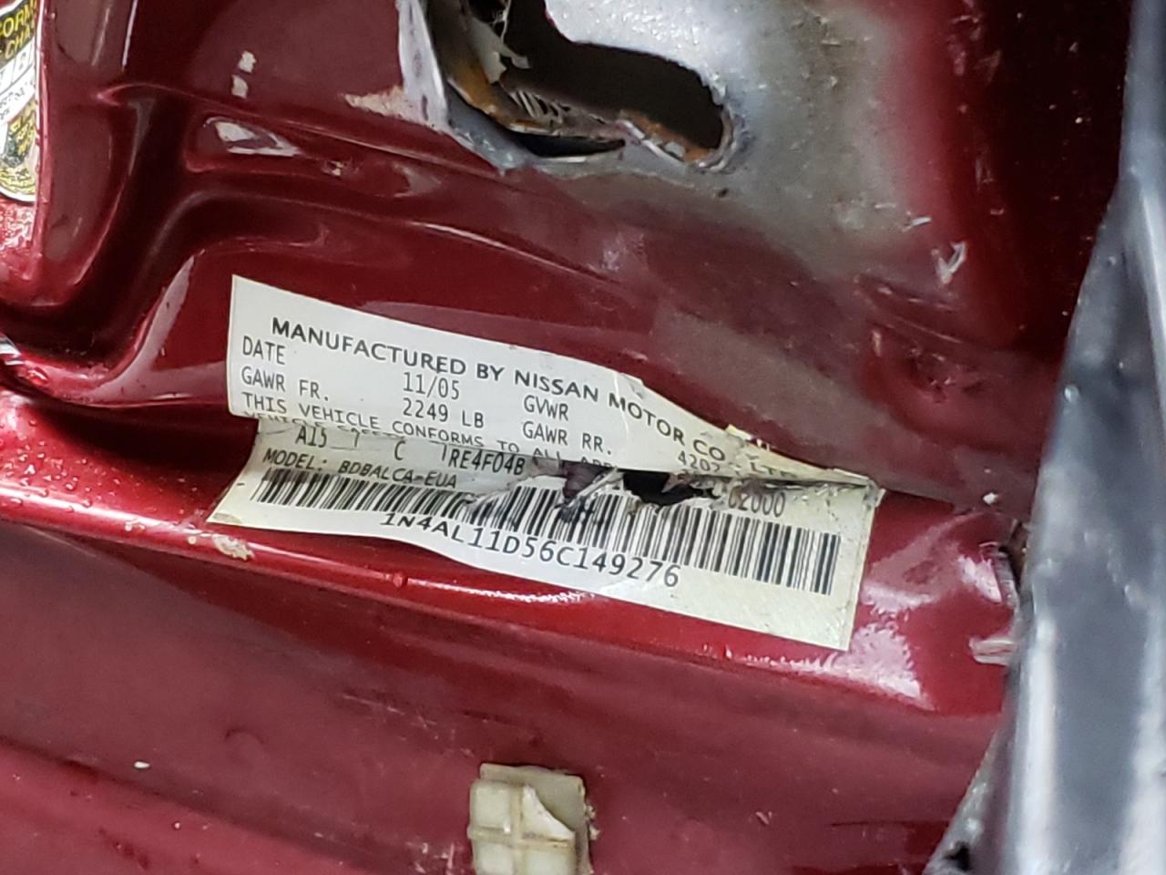 Photo 10 from auction – 2006 NISSAN ALTIMA S with VIN 1N4AL11D56C149276