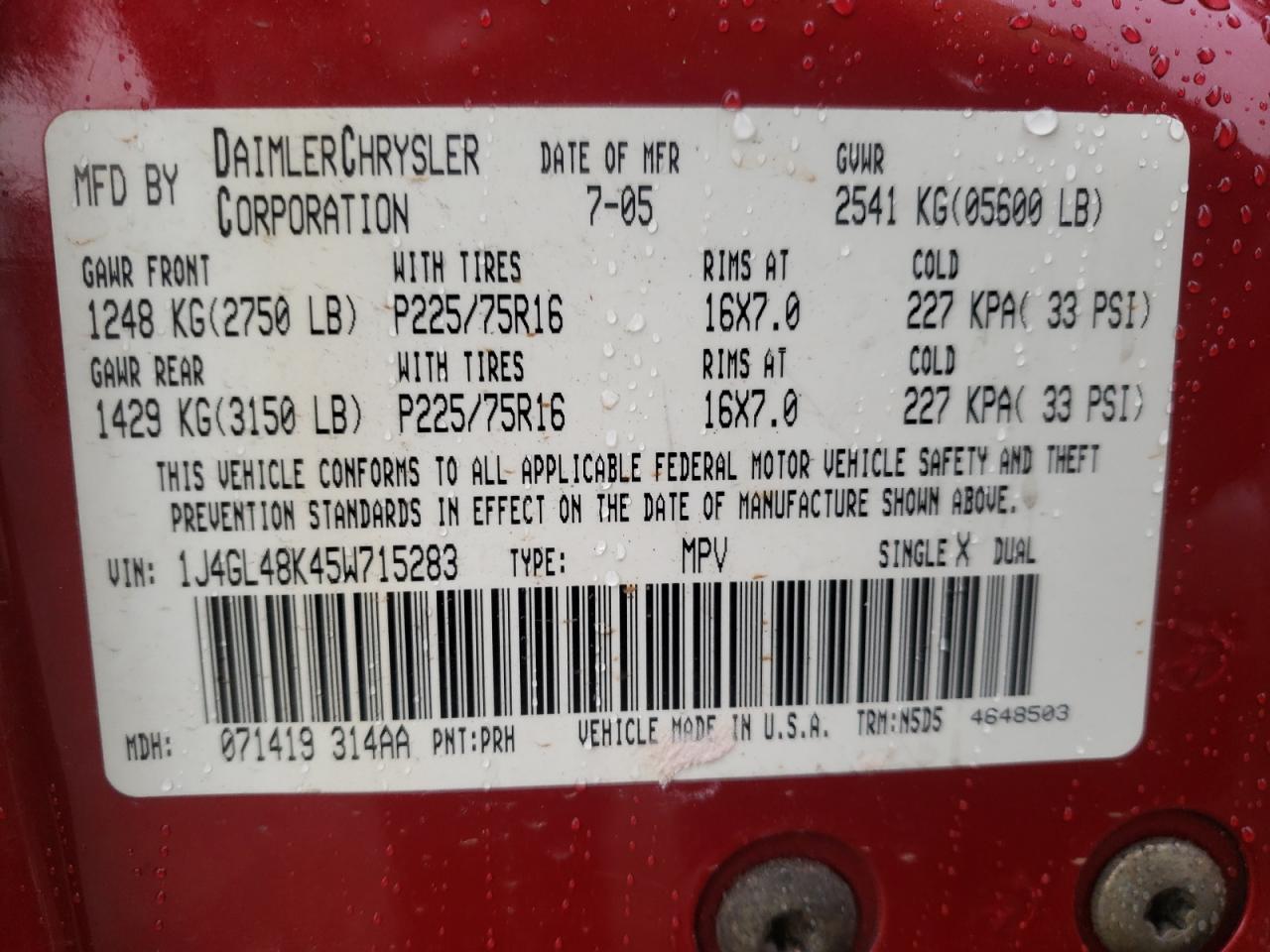 Photo 10 from auction – 2005 JEEP LIBERTY SP with VIN 1J4GL48K45W715283