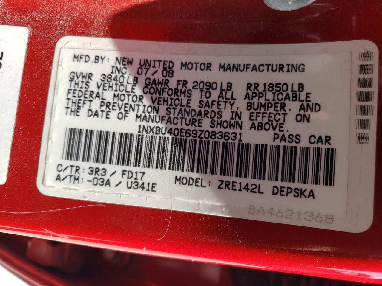 Photo 10 from auction – 2009 TOYOTA COROLLA with VIN 1NXBU40E69Z083631