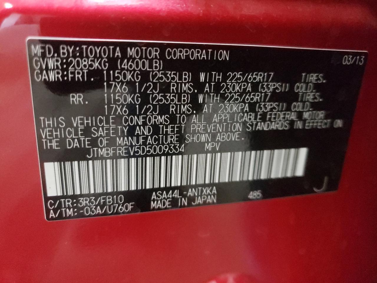 Photo 10 from auction – 2013 TOYOTA RAV4 LE with VIN JTMBFREV5D5009334