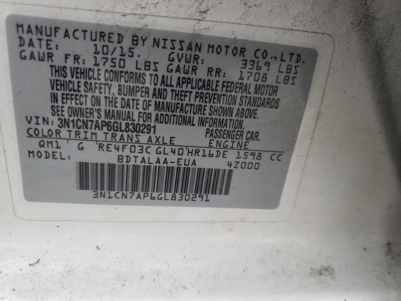 Photo 10 from auction – 2016 NISSAN VERSA S with VIN 3N1CN7AP6GL830291