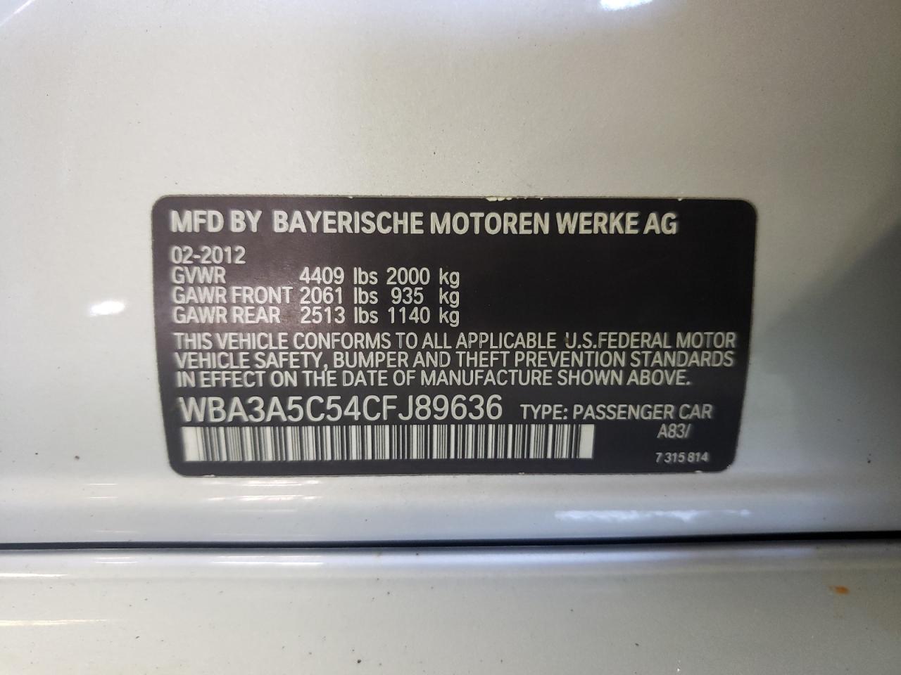 Photo 10 from auction – 2012 BMW 328 I with VIN WBA3A5C54CFJ89636