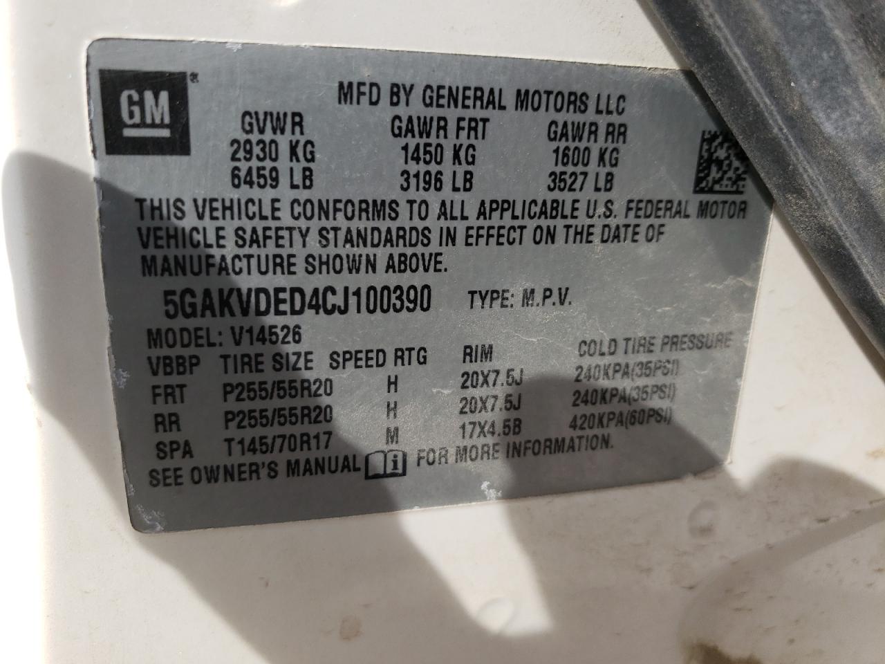 Photo 10 from auction – 2012 BUICK ENCLAVE with VIN 5GAKVDED4CJ100390
