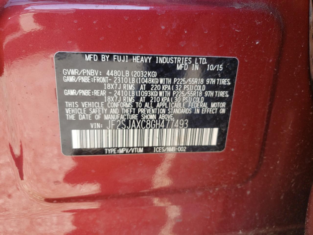 Photo 10 from auction – 2016 SUBARU FORESTER 2 with VIN JF2SJAXC8GH477493