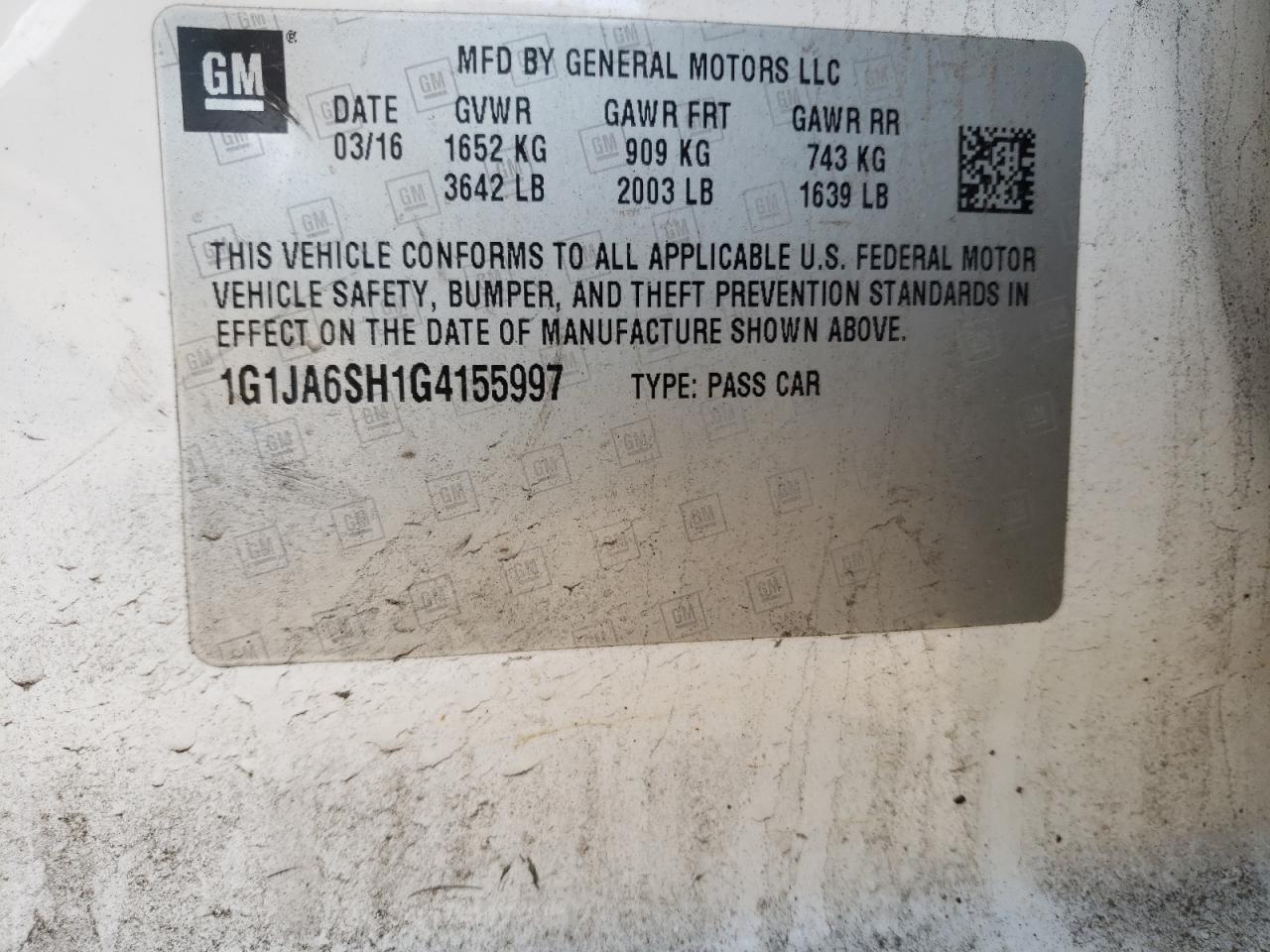 Photo 10 from auction – 2016 CHEVROLET SONIC LS with VIN 1G1JA6SH1G4155997