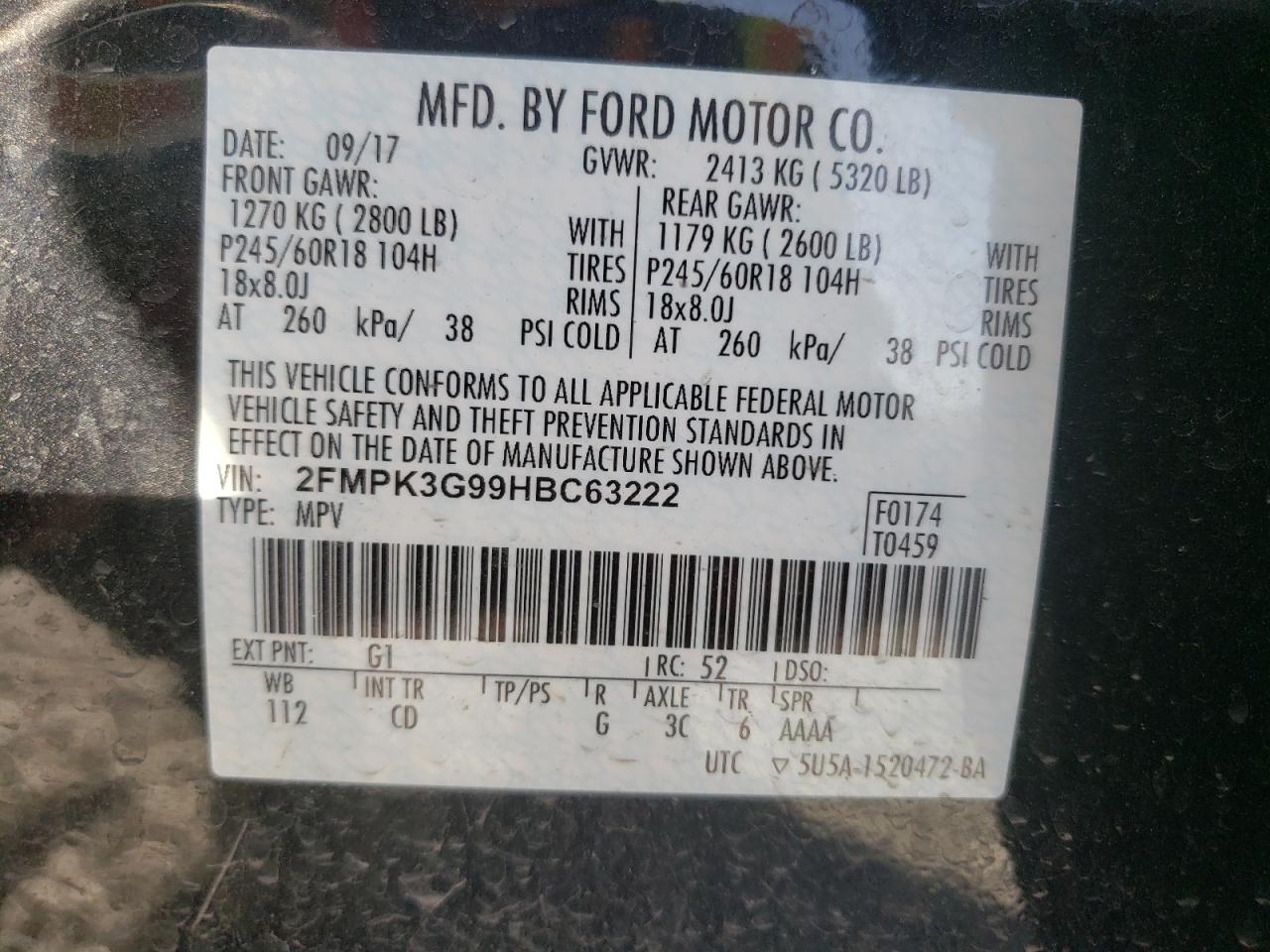 Photo 10 from auction – 2017 FORD EDGE with VIN 2FMPK3G99HBC63222