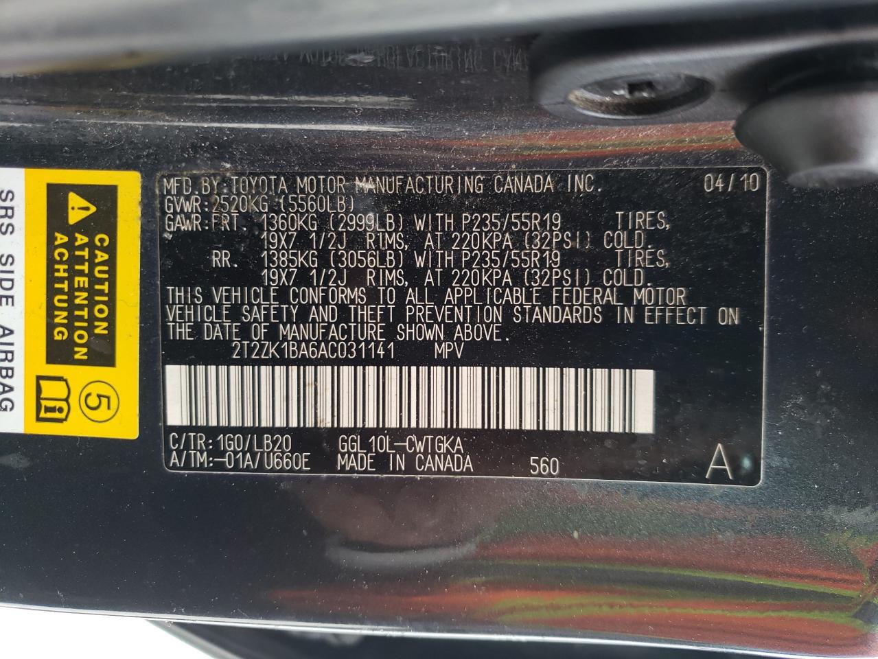 Photo 10 from auction – 2010 LEXUS RX 350 with VIN 2T2ZK1BA6AC031141