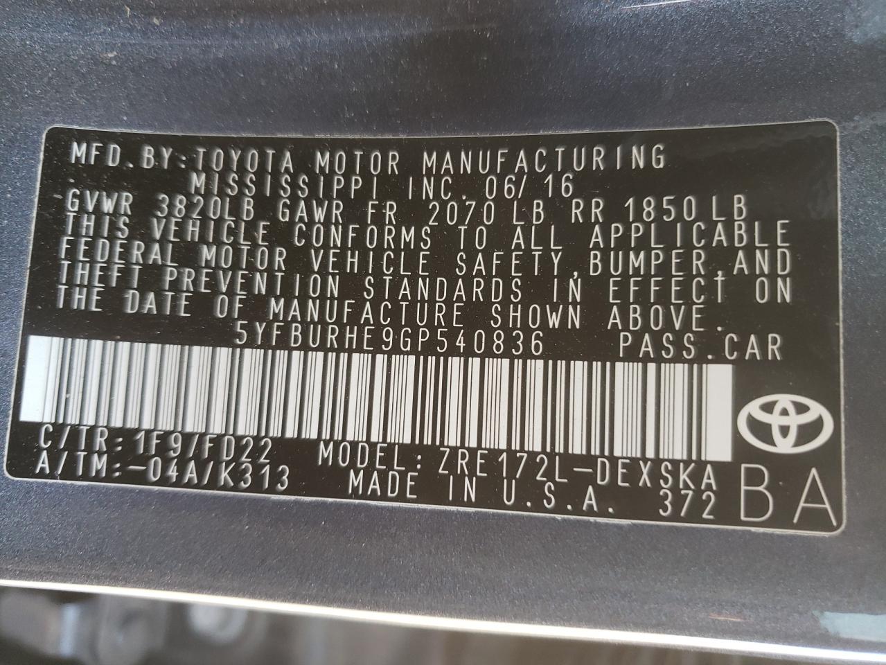 Photo 10 from auction – 2016 TOYOTA COROLLA L with VIN 5YFBURHE9GP540836