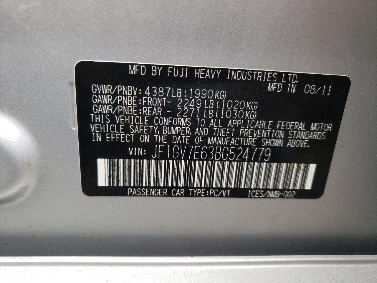 Photo 10 from auction – 2011 SUBARU IMPREZA WR with VIN JF1GV7E63BG524779
