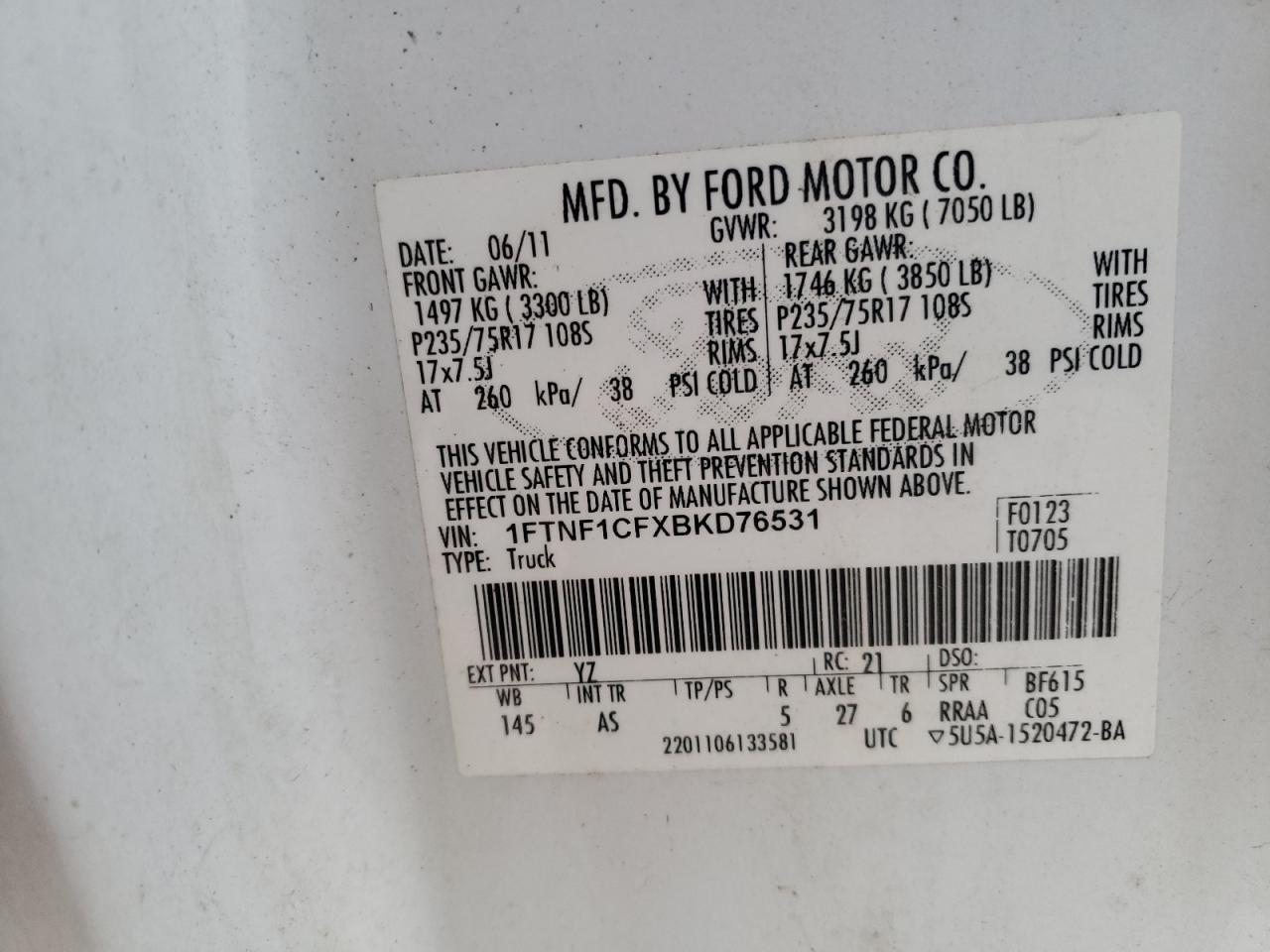 Photo 10 from auction – 2011 FORD F150 with VIN 1FTNF1CFXBKD76531