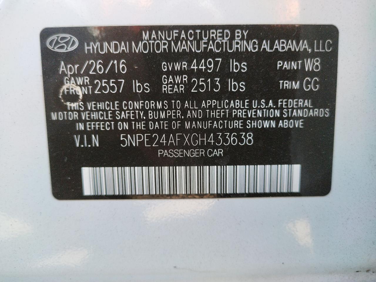 Photo 10 from auction – 2016 HYUNDAI SONATA SE with VIN 5NPE24AFXGH433638