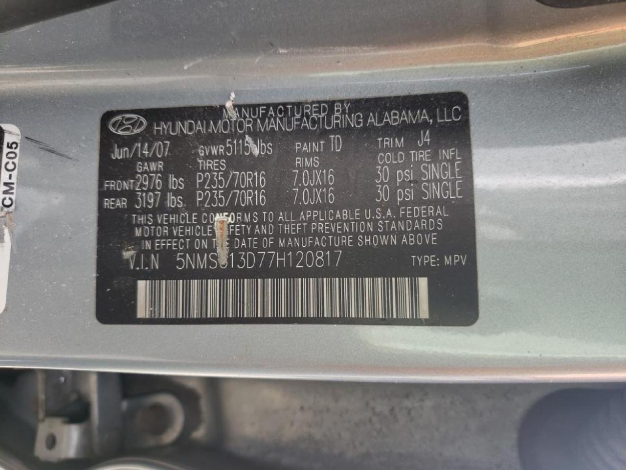 Photo 10 from auction – 2007 HYUNDAI SANTA FE G with VIN 5NMSG13D77H120817