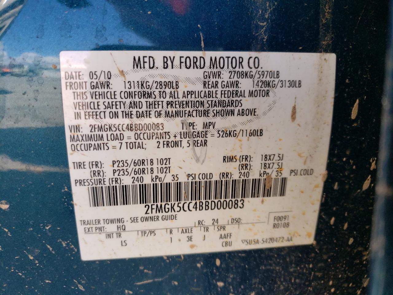 Photo 10 from auction – 2011 FORD FLEX SEL with VIN 2FMGK5CC4BBD00083