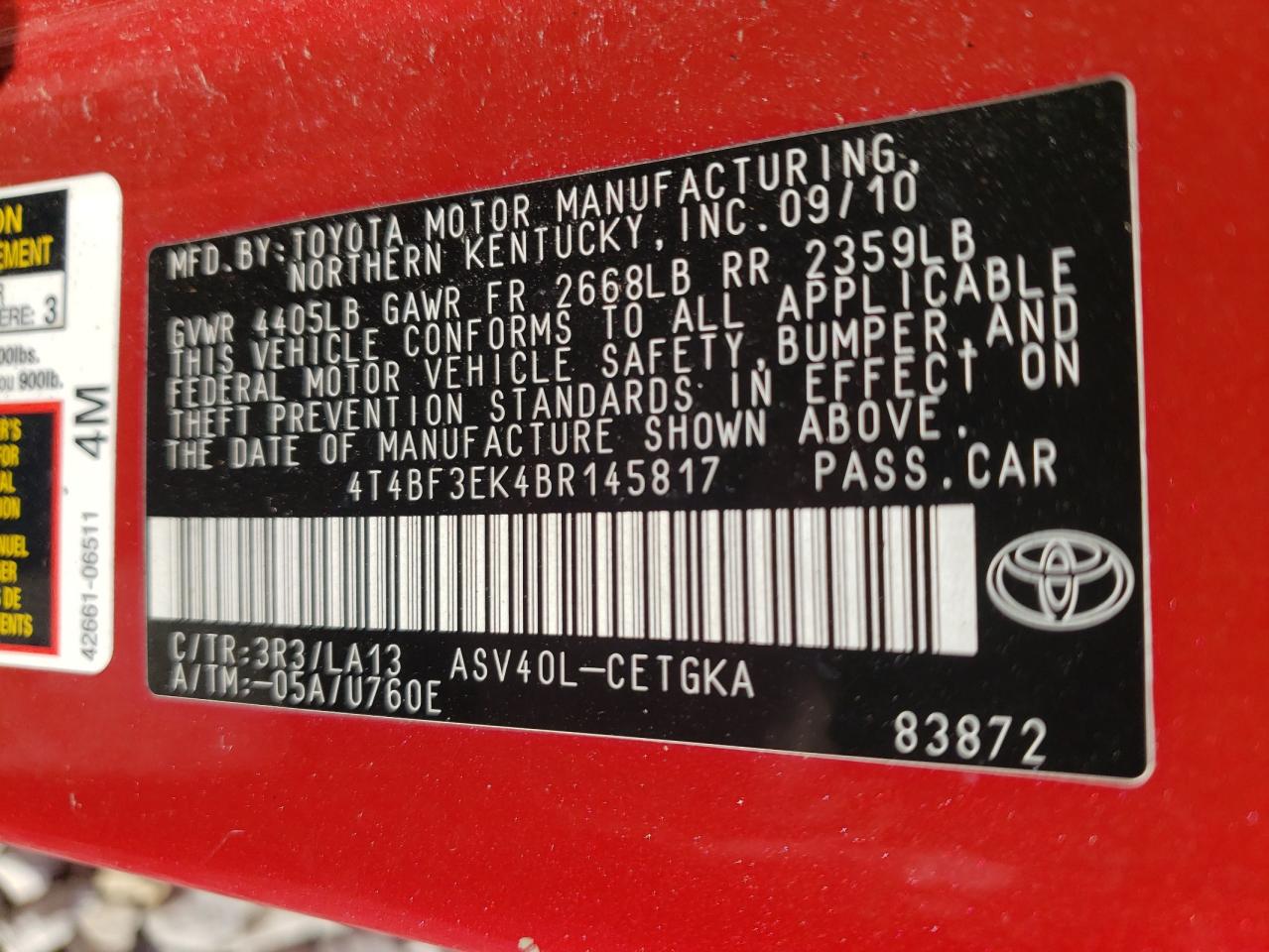 Photo 10 from auction – 2011 TOYOTA CAMRY BASE with VIN 4T4BF3EK4BR145817