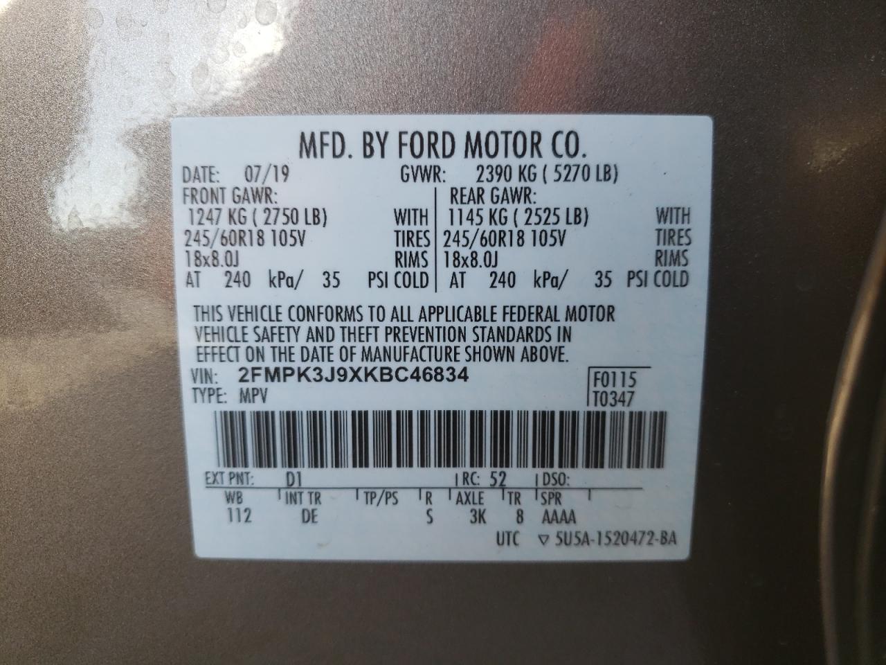 Photo 10 from auction – 2019 FORD EDGE SEL with VIN 2FMPK3J9XKBC46834