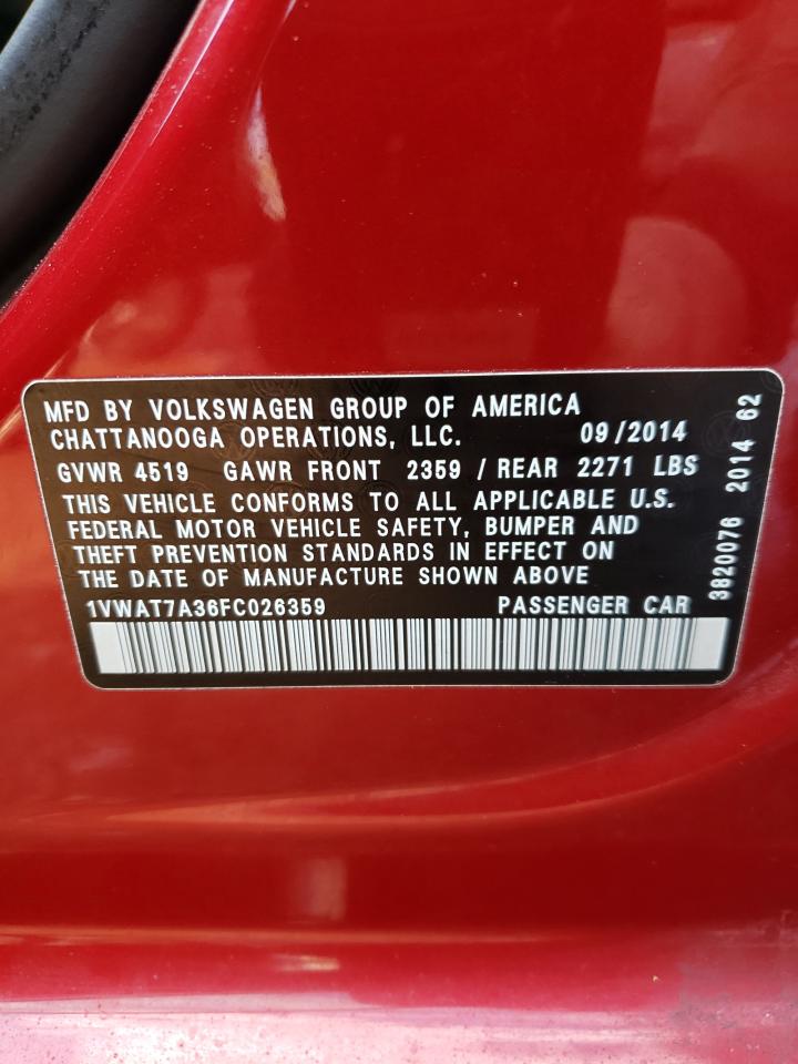 Photo 10 from auction – 2015 VOLKSWAGEN PASSAT S with VIN 1VWAT7A36FC026359
