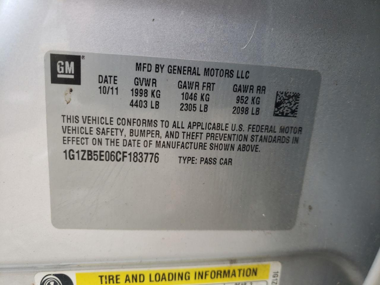 Photo 10 from auction – 2012 CHEVROLET MALIBU LS with VIN 1G1ZB5E06CF183776