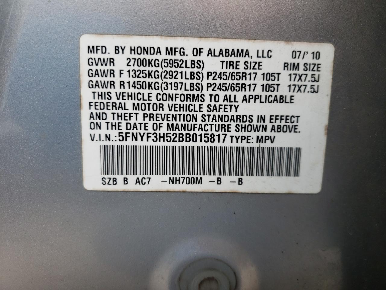 Photo 10 from auction – 2011 HONDA PILOT EXL with VIN 5FNYF3H52BB015817