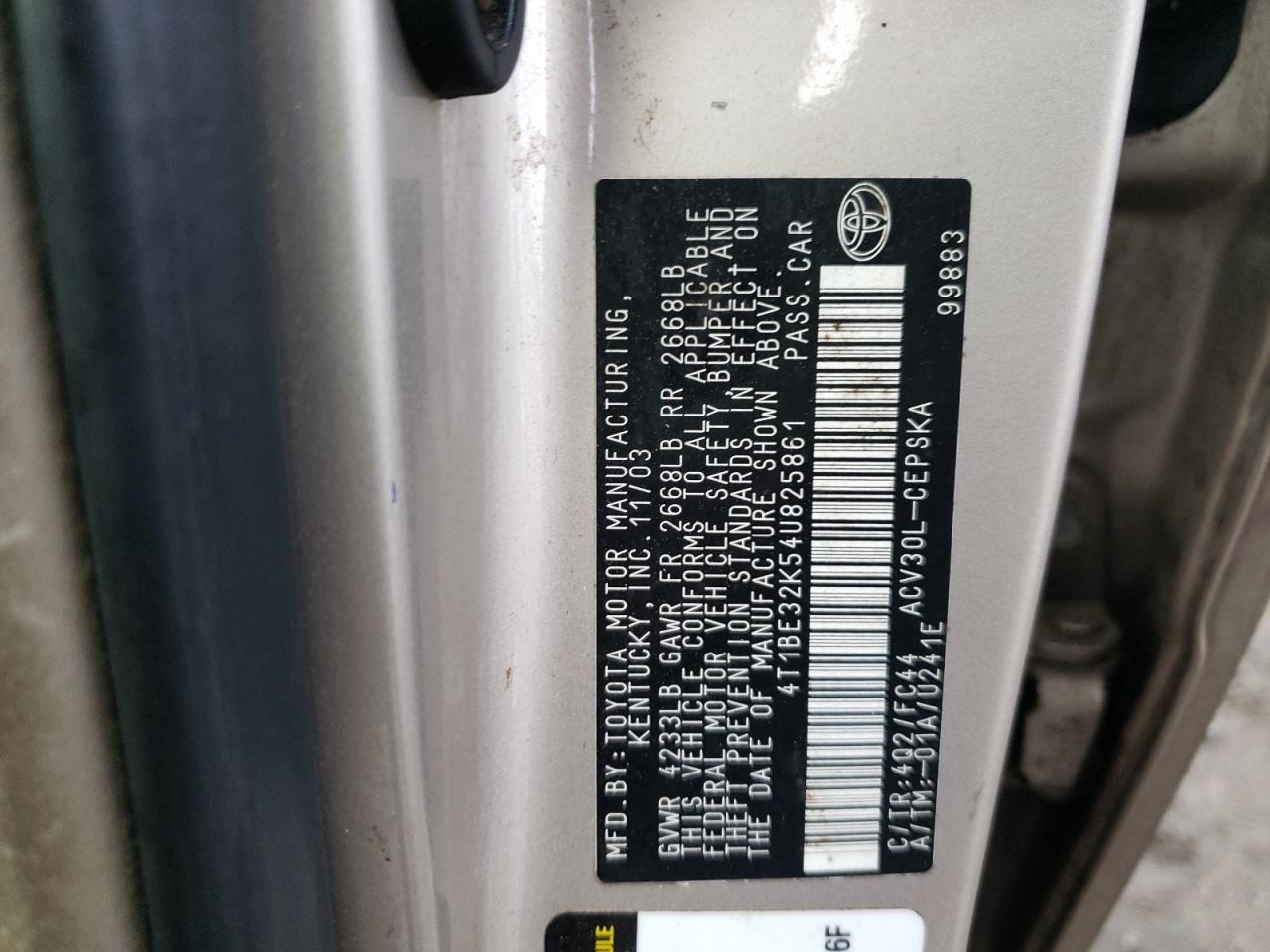 Photo 10 from auction – 2004 TOYOTA CAMRY LE with VIN 4T1BE32K54U825861