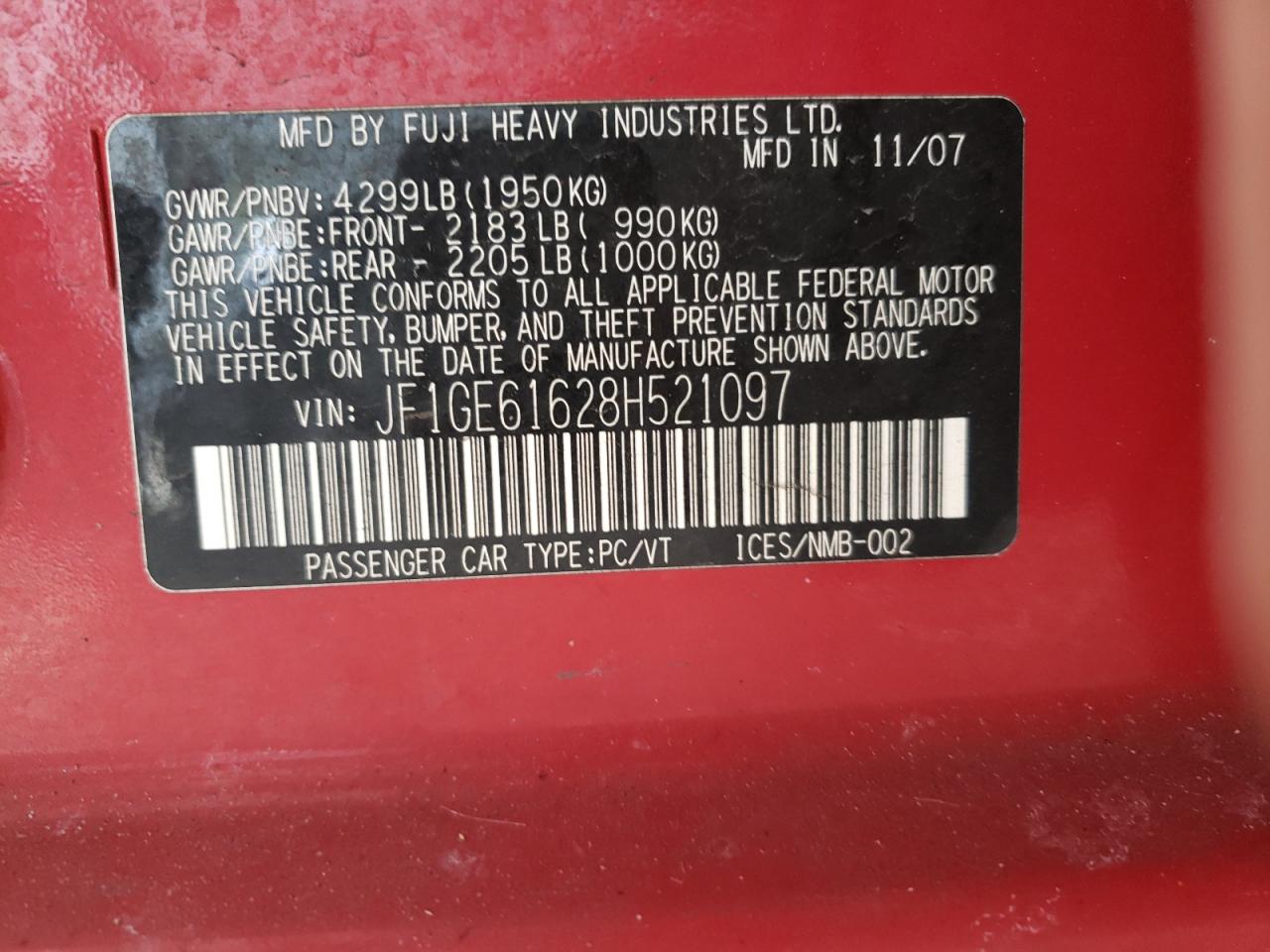 Photo 10 from auction – 2008 SUBARU IMPREZA 2. with VIN JF1GE61628H521097