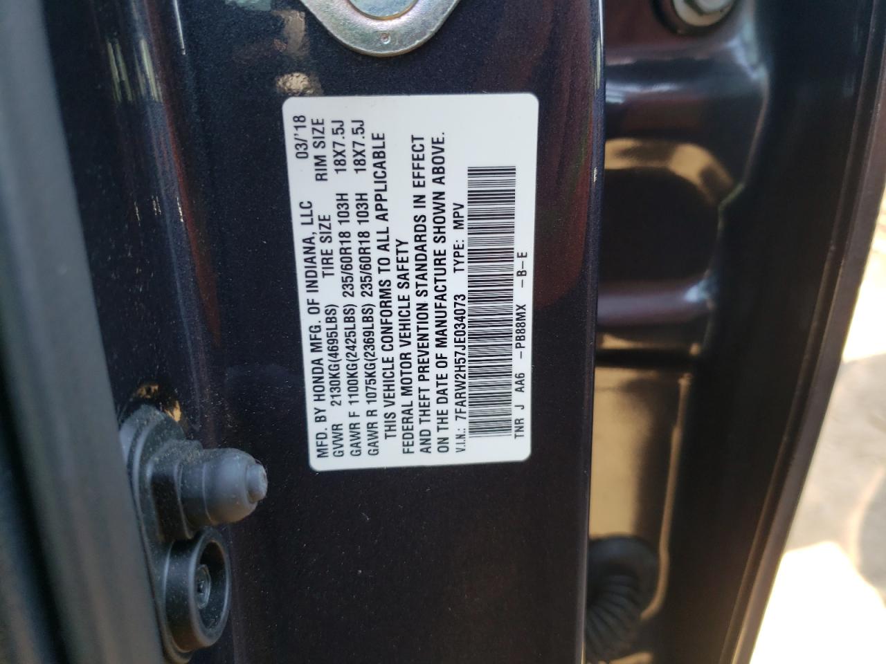 Photo 10 from auction – 2018 HONDA CR-V EX with VIN 7FARW2H57JE034073
