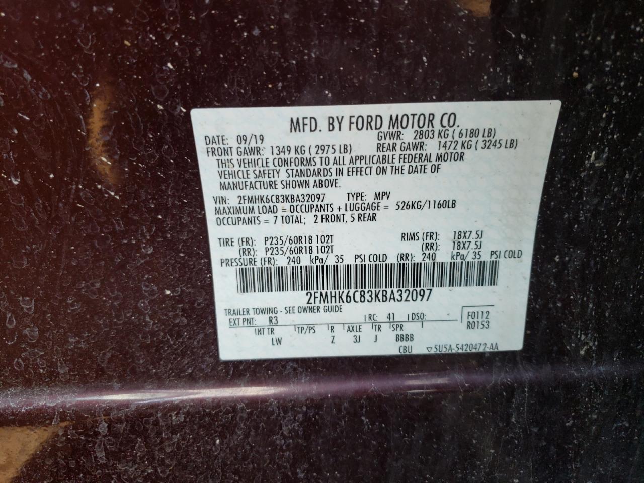 Photo 10 from auction – 2019 FORD FLEX SEL with VIN 2FMHK6C83KBA32097