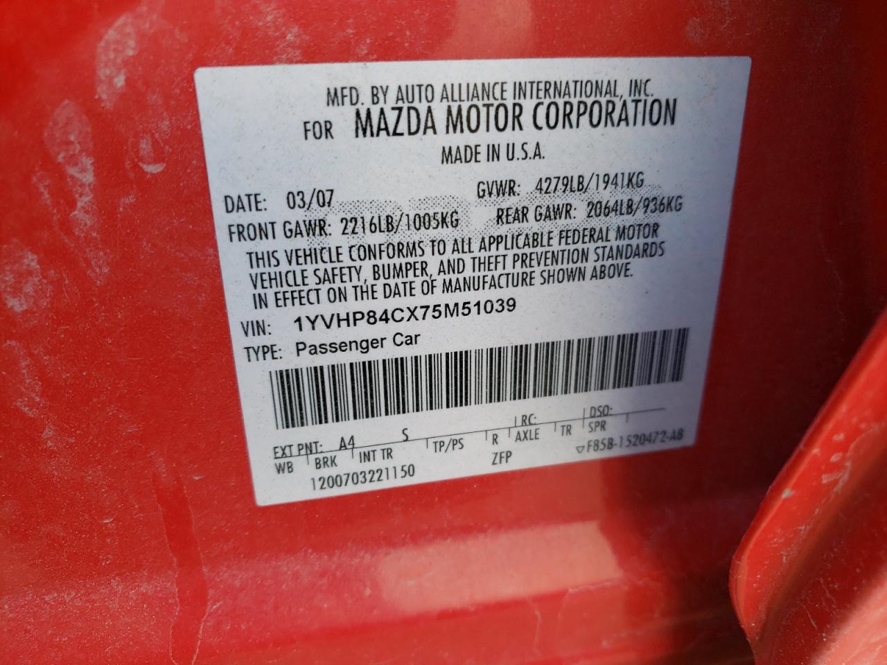 Photo 10 from auction – 2007 MAZDA 6 I with VIN 1YVHP84CX75M51039