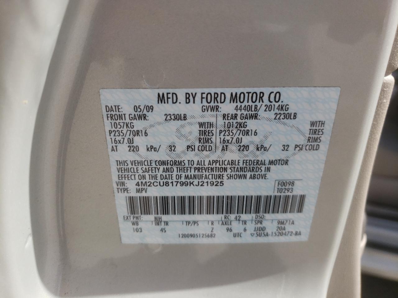 Photo 10 from auction – 2009 MERCURY MARINER with VIN 4M2CU81799KJ21925