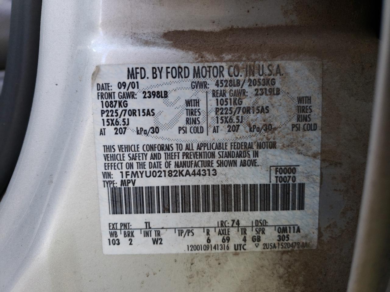 Photo 10 from auction – 2002 FORD ESCAPE XLS with VIN 1FMYU02182KA44313