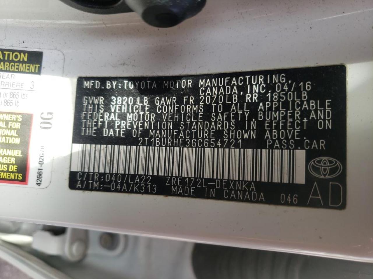 Photo 10 from auction – 2016 TOYOTA COROLLA L with VIN 2T1BURHE3GC654721