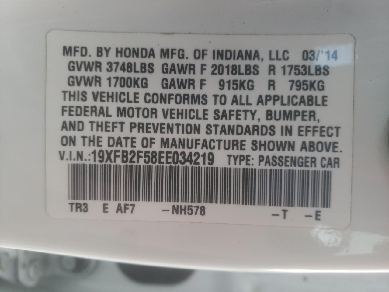 Photo 10 from auction – 2014 HONDA CIVIC LX with VIN 19XFB2F58EE034219