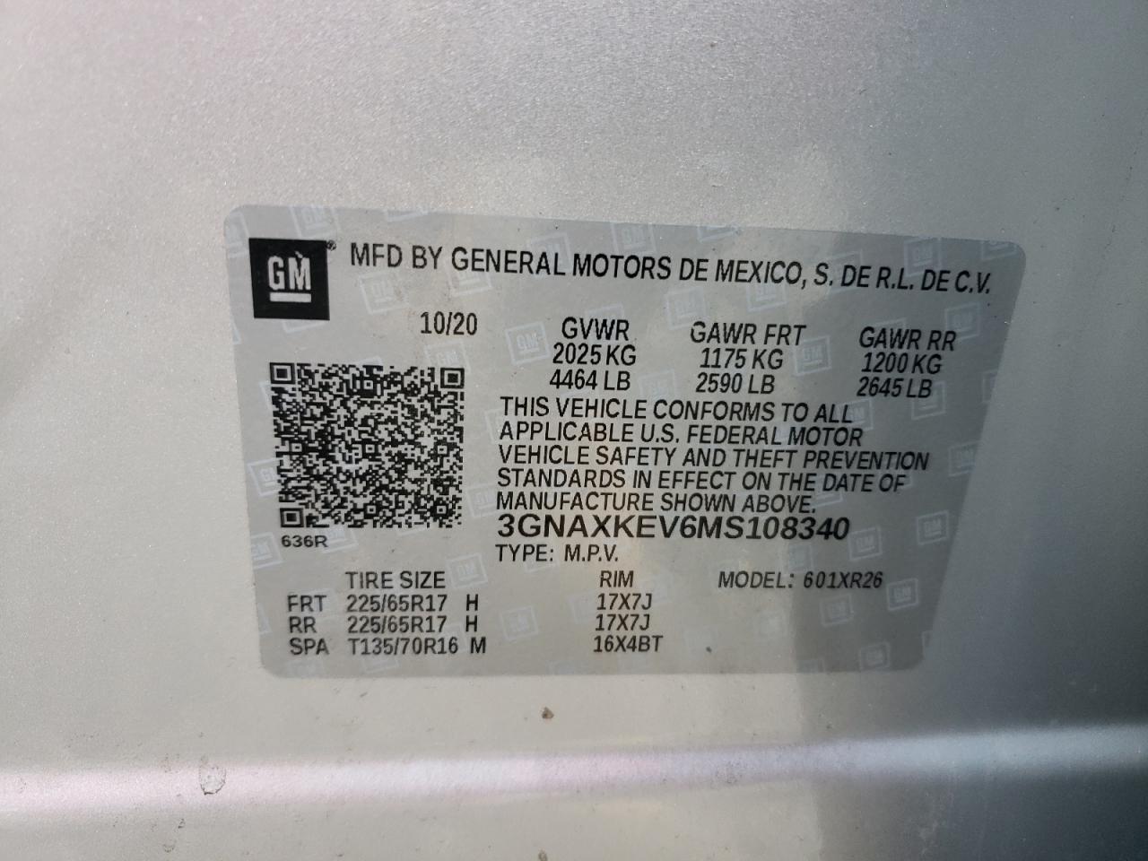 Photo 10 from auction – 2021 CHEVROLET EQUINOX LT with VIN 3GNAXKEV6MS108340