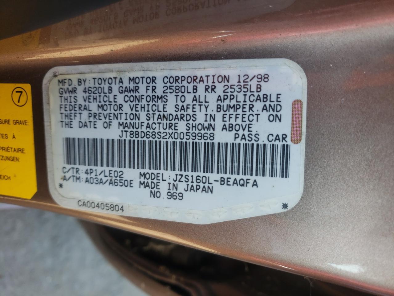 Photo 10 from auction – 1999 LEXUS GS 300 with VIN JT8BD68S2X0059968