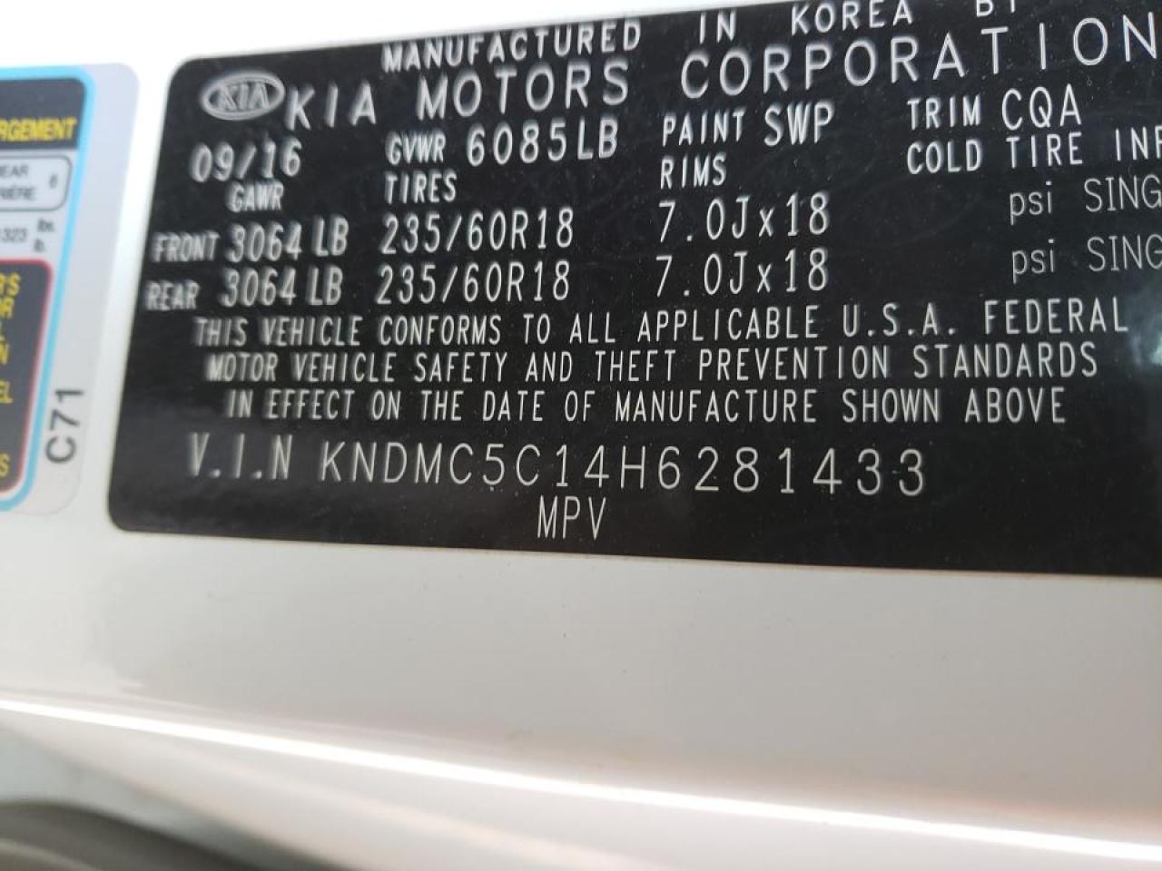 Photo 10 from auction – 2017 KIA SEDONA EX with VIN KNDMC5C14H6281433
