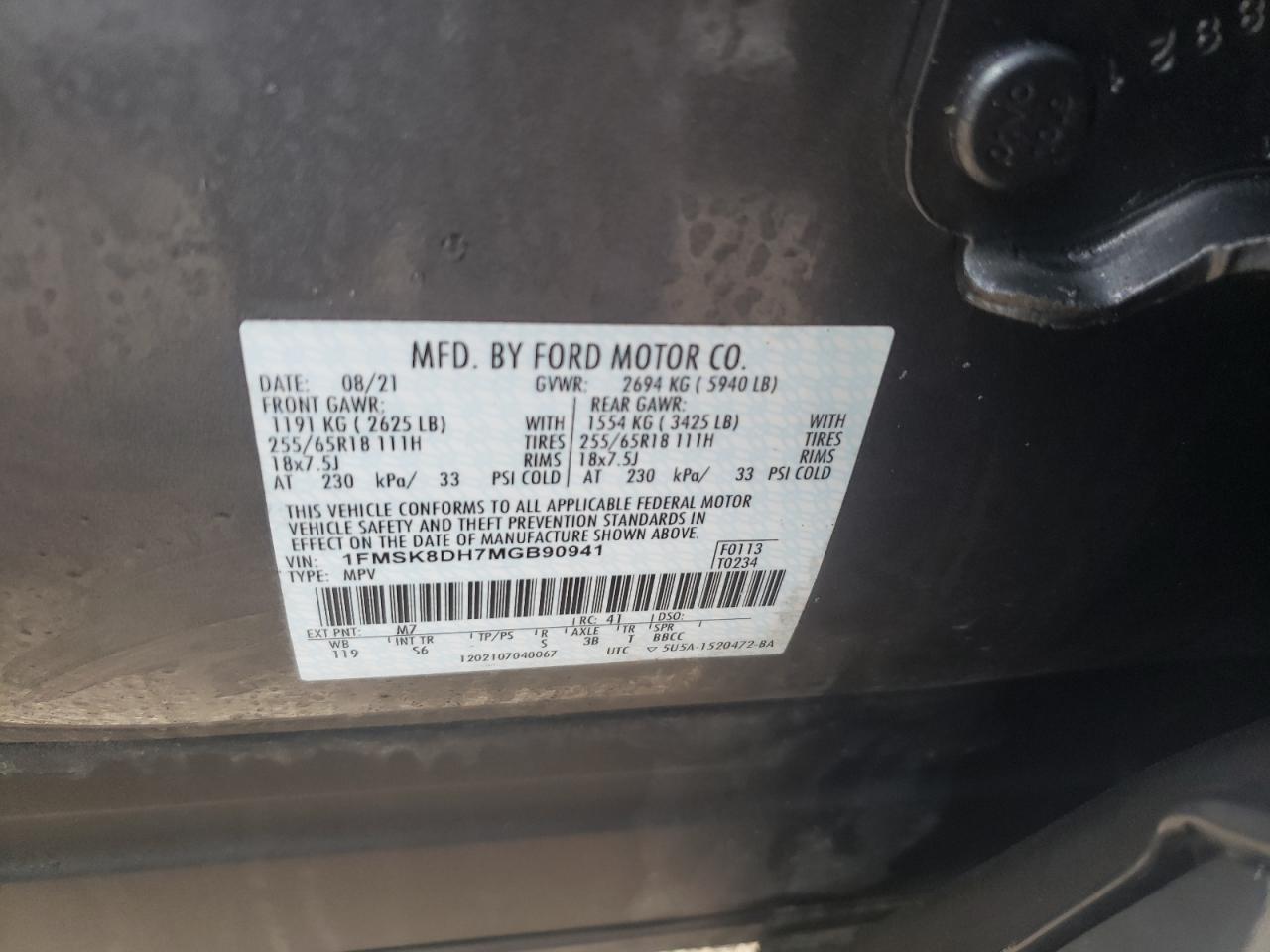 Photo 10 from auction – 2021 FORD EXPLORER X with VIN 1FMSK8DH7MGB90941
