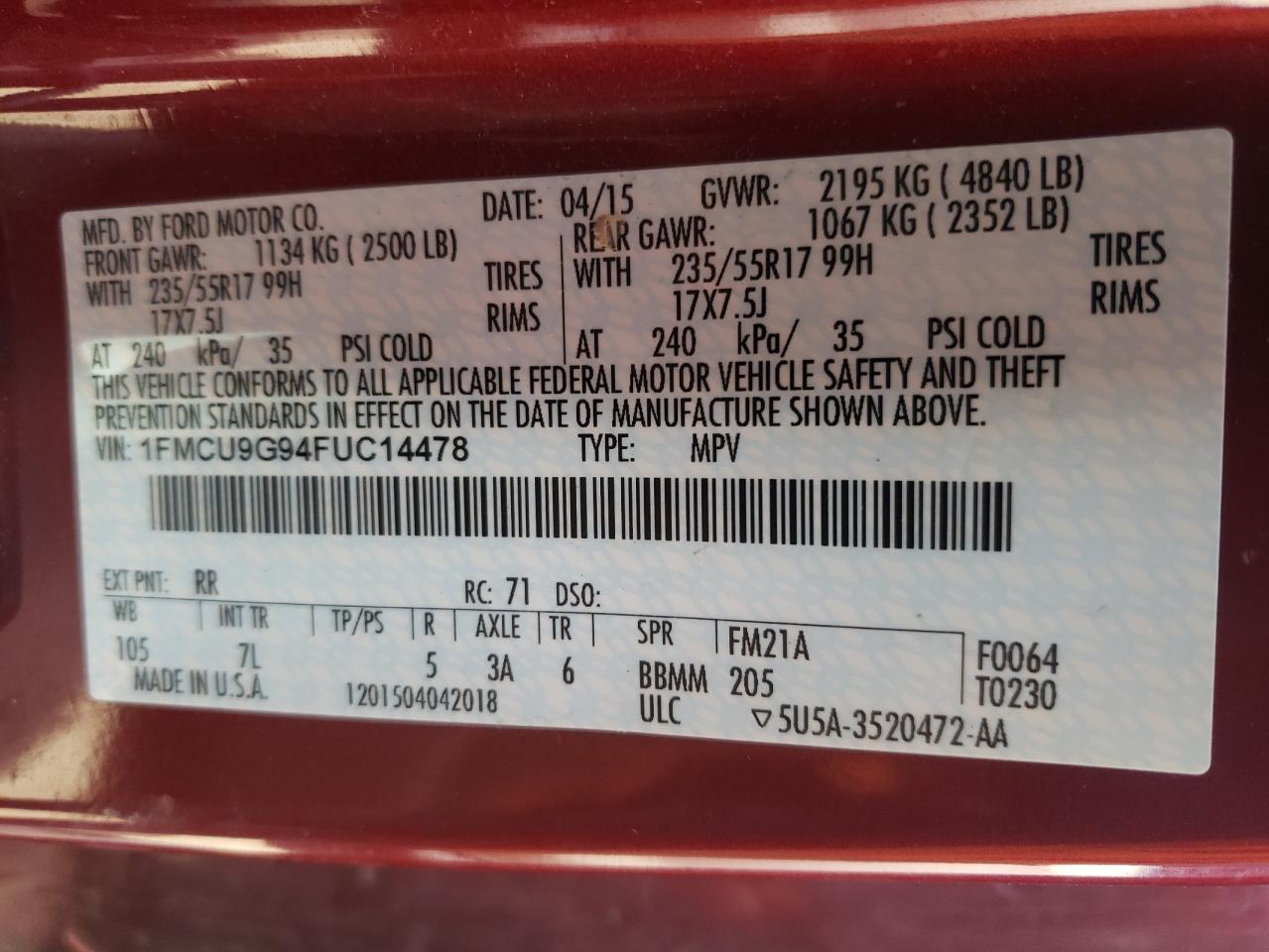 Photo 10 from auction – 2015 FORD ESCAPE SE with VIN 1FMCU9G94FUC14478