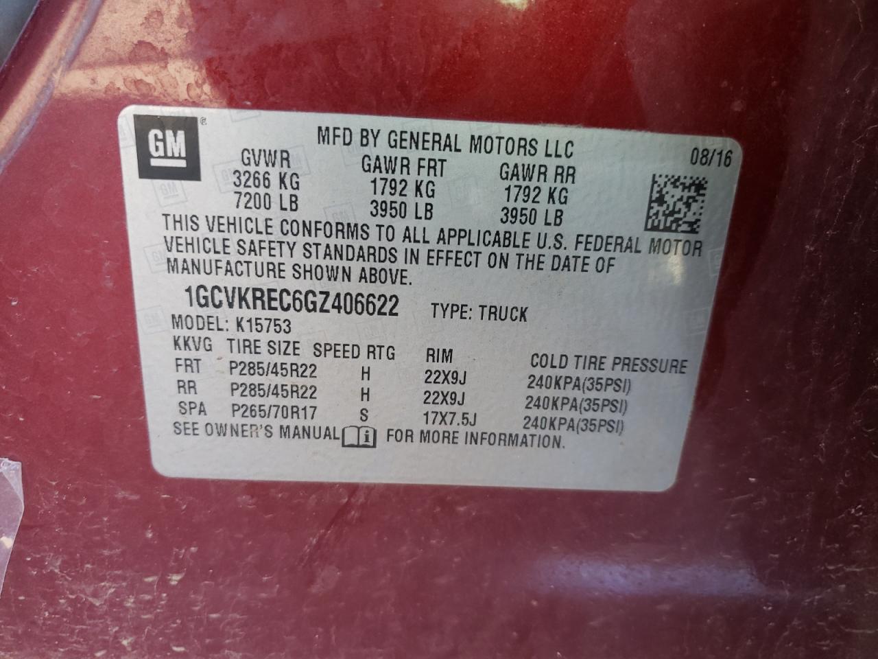 Photo 10 from auction – 2016 CHEVROLET SILVERADO with VIN 1GCVKREC6GZ406622