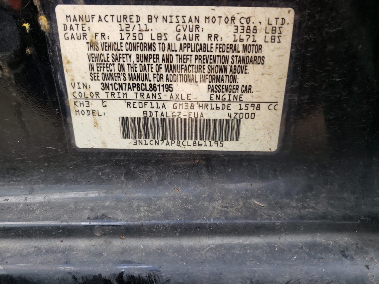 Photo 10 from auction – 2012 NISSAN VERSA S with VIN 3N1CN7AP8CL861195