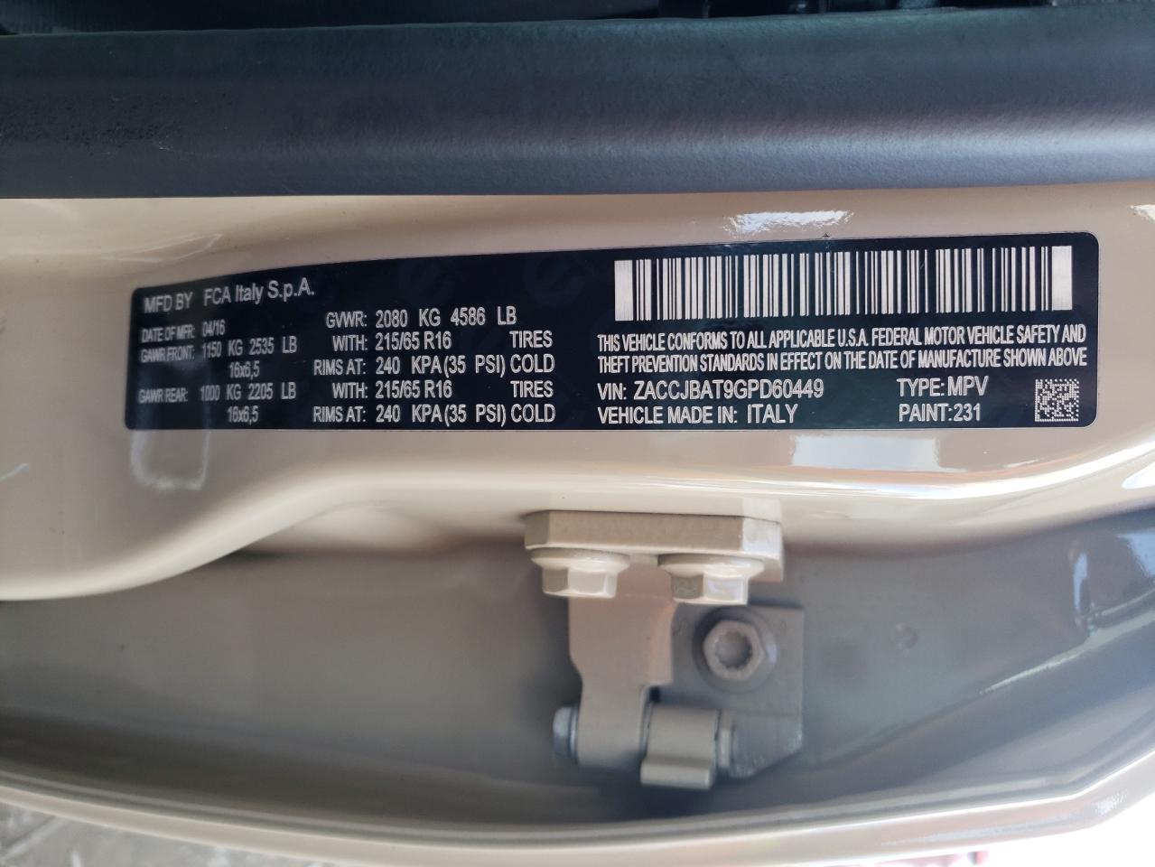 Photo 10 from auction – 2016 JEEP RENEGADE S with VIN ZACCJBAT9GPD60449
