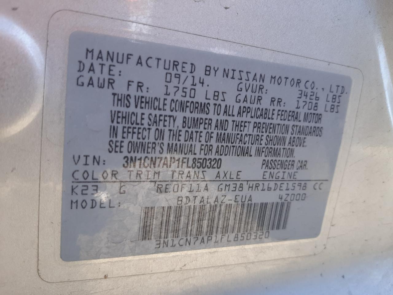 Photo 10 from auction – 2015 NISSAN VERSA S with VIN 3N1CN7AP1FL850320